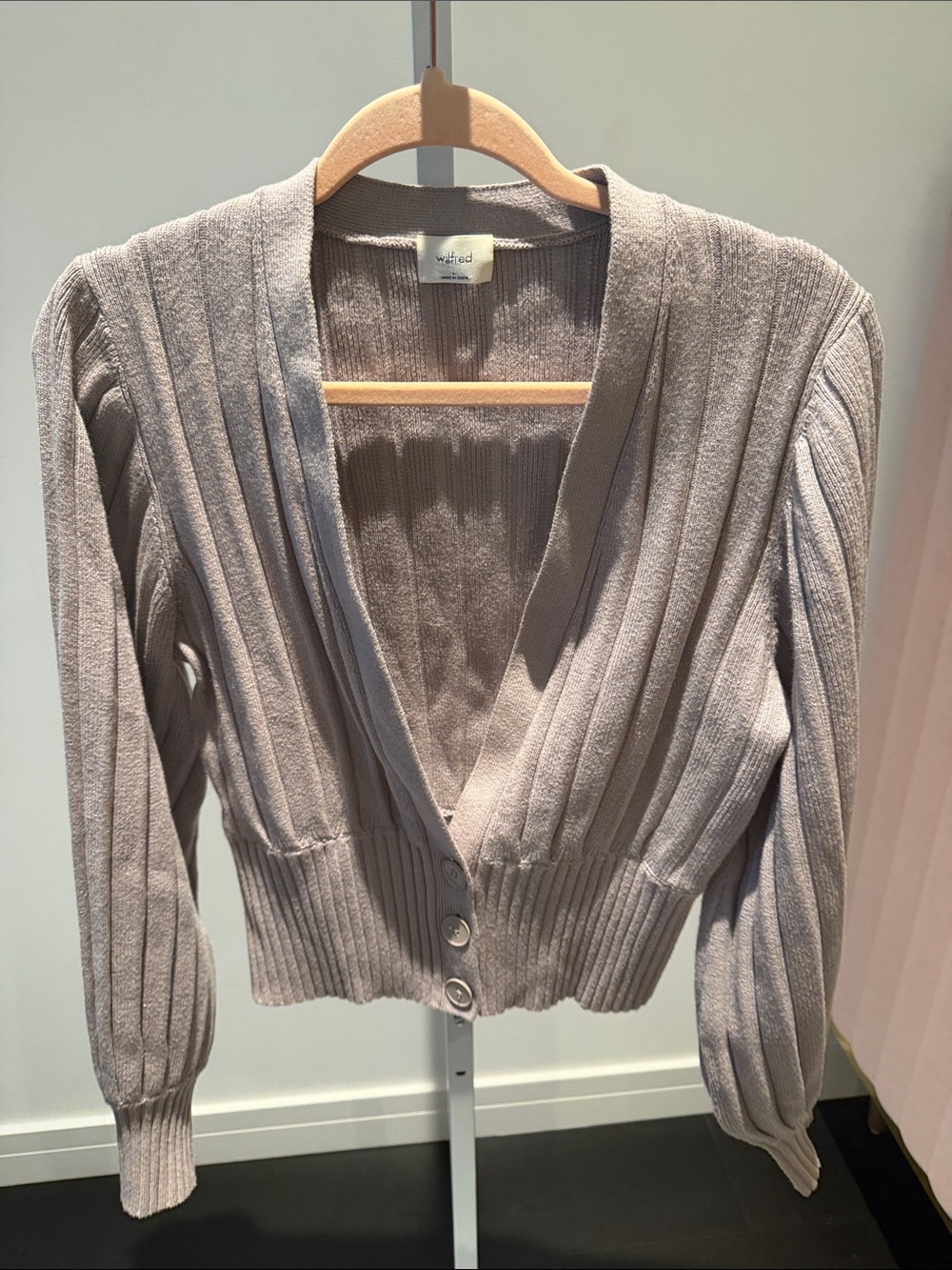 Aritzia Wilfred Ribbed V-Neck Button Cardigan - Light Taupe Gray